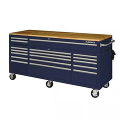 72-Inch 18-Drawer Mobile Workbench with Solid Wood Top, Gloss Blue