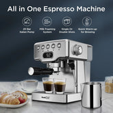 20-Cup Stainless Steel Semi-Automatic Espresso Machine with 0.5-Gallon Water Tank