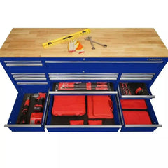 72-Inch 18-Drawer Mobile Workbench with Solid Wood Top, Gloss Blue