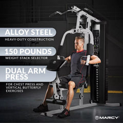 150-Lb. Weight Stack Home Gym with Dual-Function Arm Press and Leg Developer, Black/White