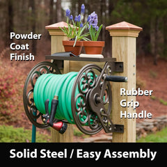 Steel Decorative Wall Mount Garden Hose Reel, Outdoor Garden Hose Storage Holder for Patio and Yard