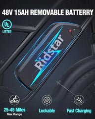 1000W Electric Bike for Adults, 48V 15Ah Removable Battery, 20-Inch x 4.0-Inch Fat Tires